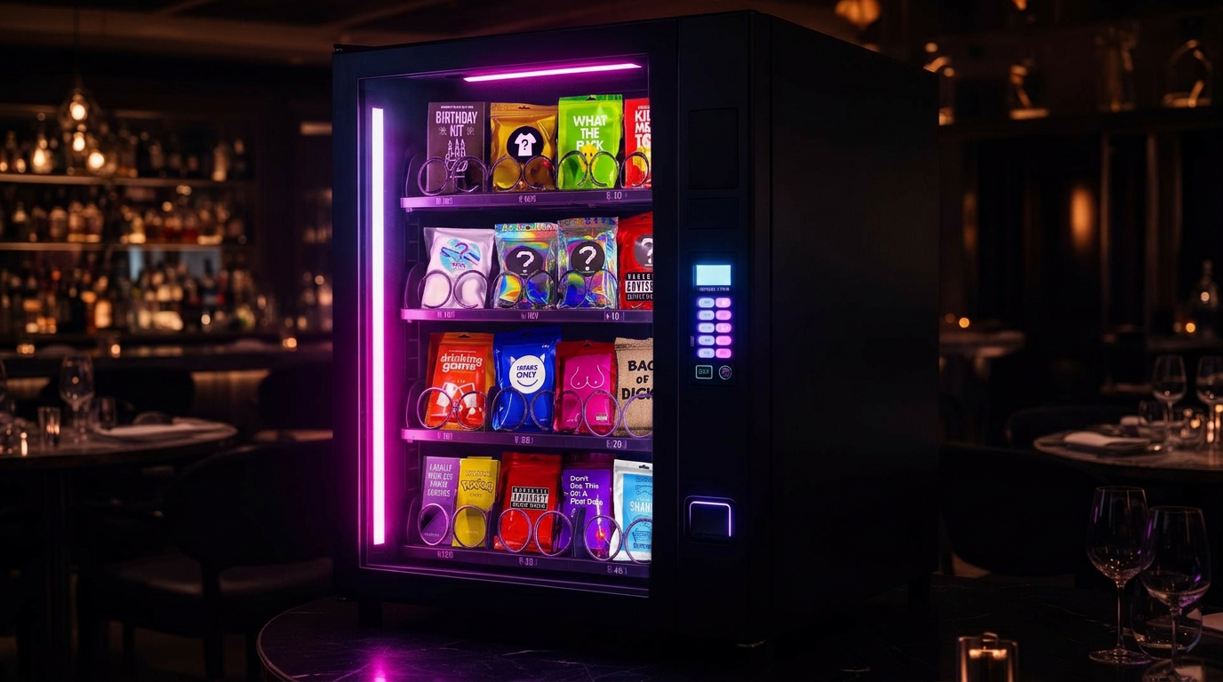 Mystery vending machine glowing inside a restaurant